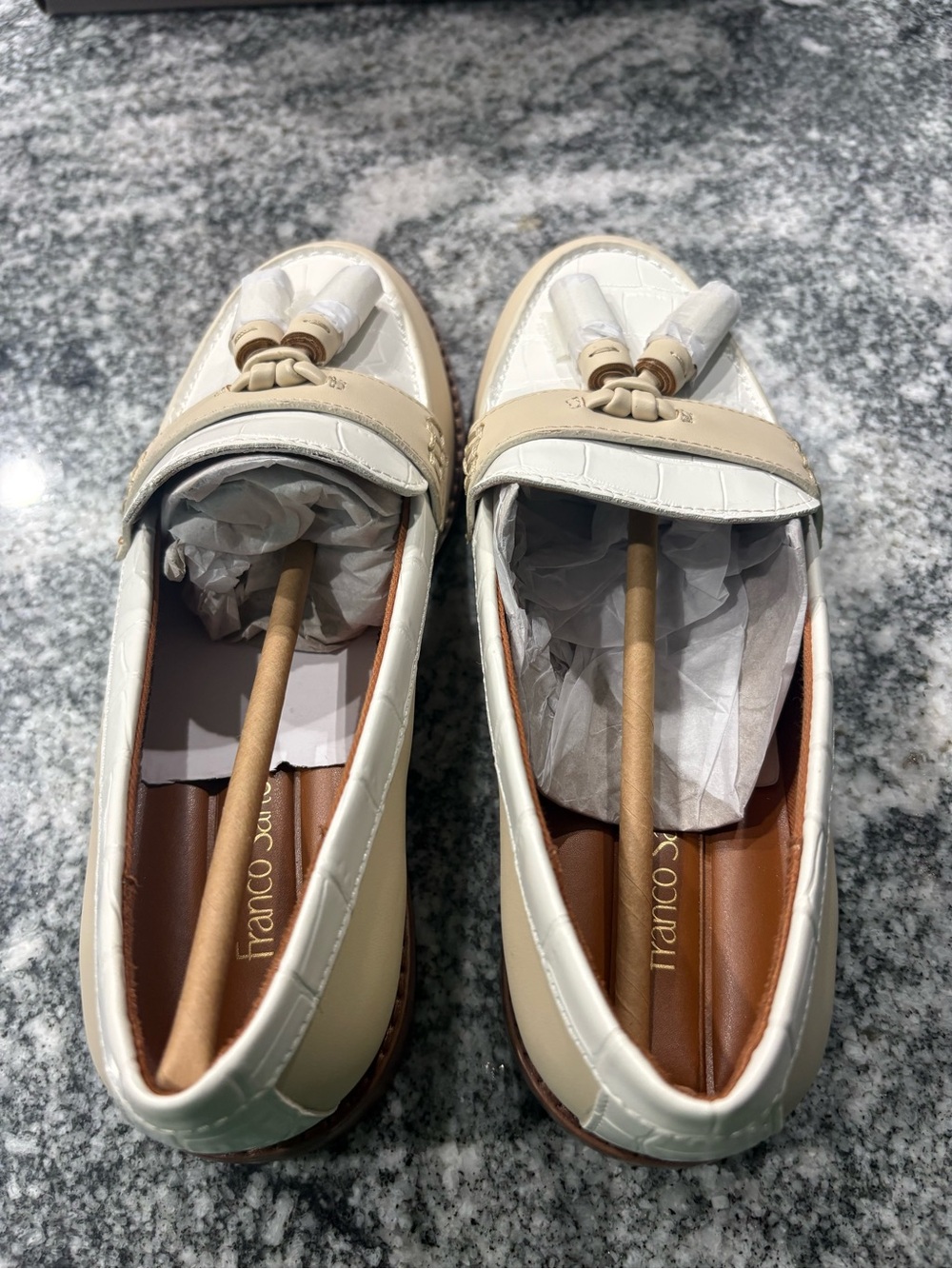 Franco Sarto Two-Tone Cream and White Tassel Loafers